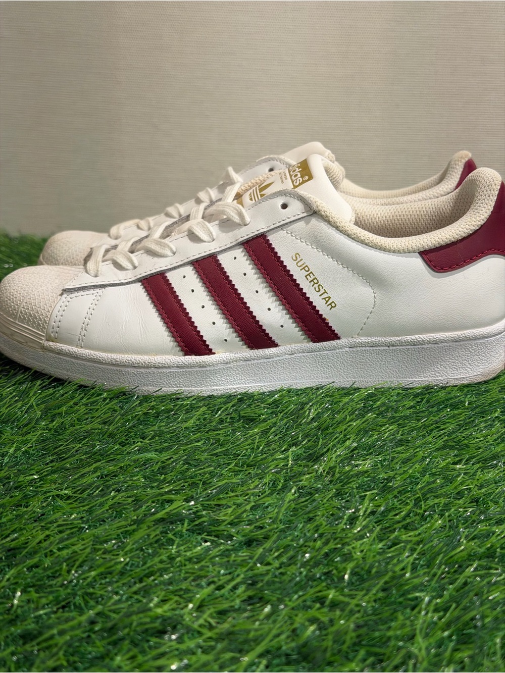 adidas Superstar Men's White Sneakers with Burgundy Stripes
